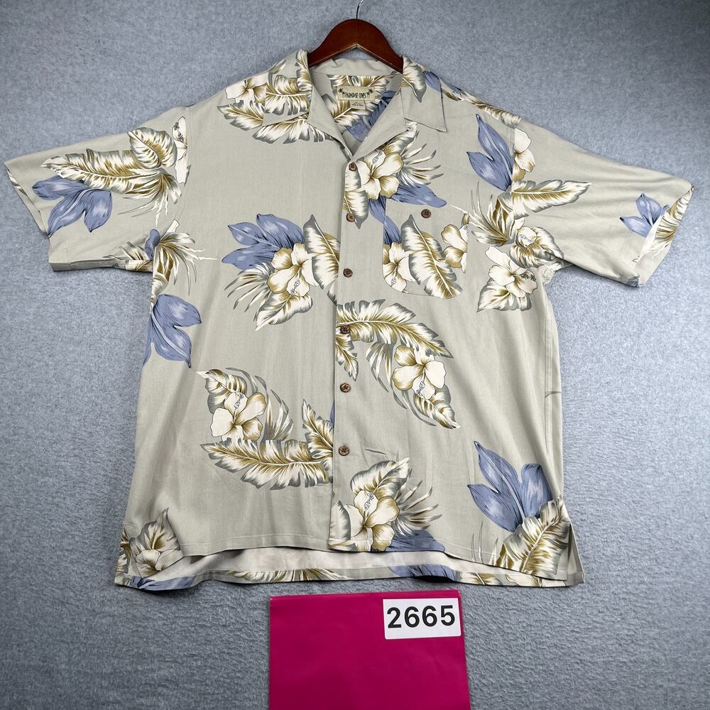 Paradise Coves Silk Shirt Gray Hawaiian Print Button Up Short Sleeve Mens XL